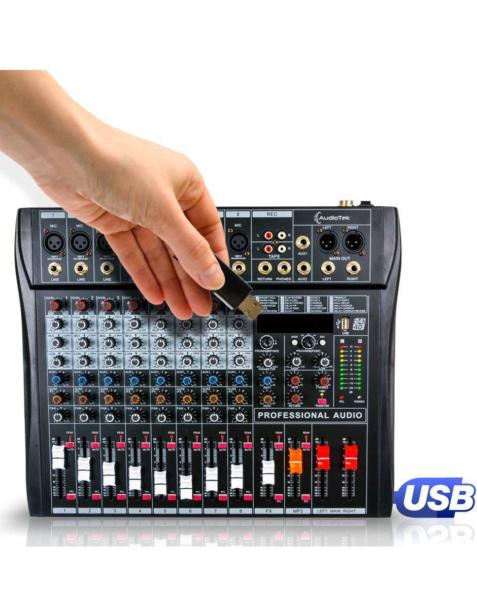 Mezcladora Amplificada Mixer Audiotek MKZ-MEZCLA8CHNEG