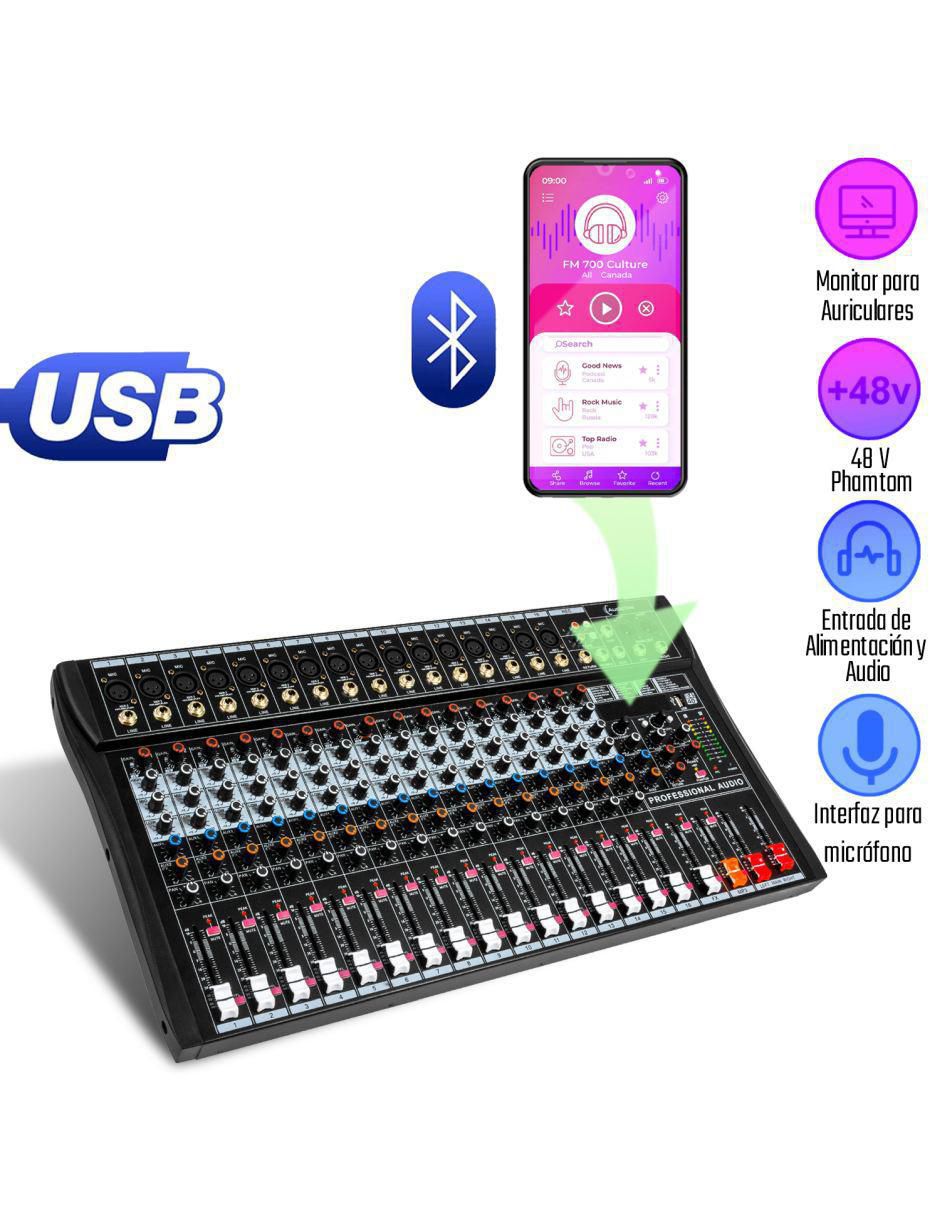 Mezcladora Mixer Audiotek MKZ-MEZCL16CHNEG