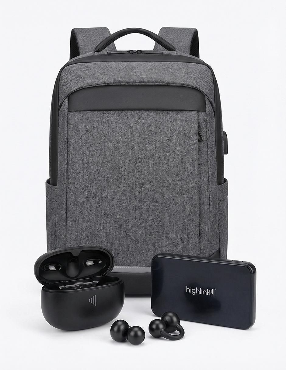 Set de audífonos Ultrafree, Backpack y Powerbank inalámbricos con Set de audífonos Ultrafree, Backpack y Powerbank inalámbricos con