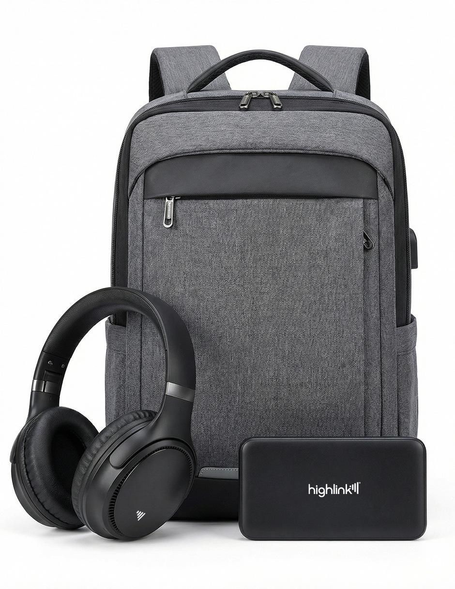 Set de audífonos Linkpro, Backpack y Powerbank inalámbrico con cancelación de ruido Set de audífonos Linkpro, Backpack y Powerbank inalámbrico con cancelación de ruido
