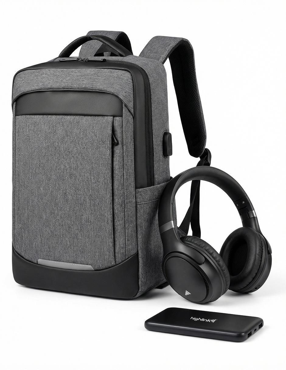 Set de audífonos Linkpro, Backpack y Powerbank inalámbrico con cancelación de ruido