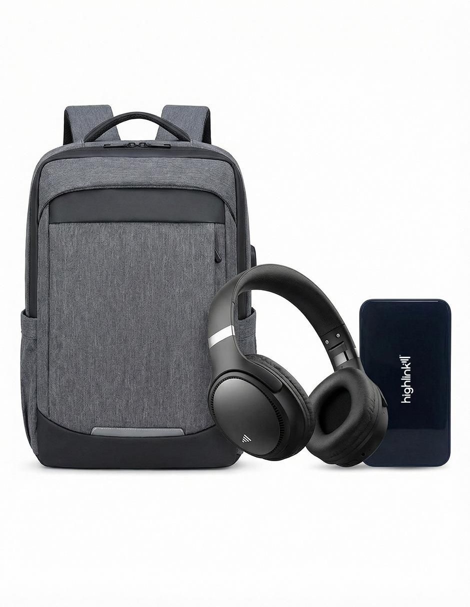 Set de audífonos Linkpro, Backpack y Powerbank inalámbrico con cancelación de ruido