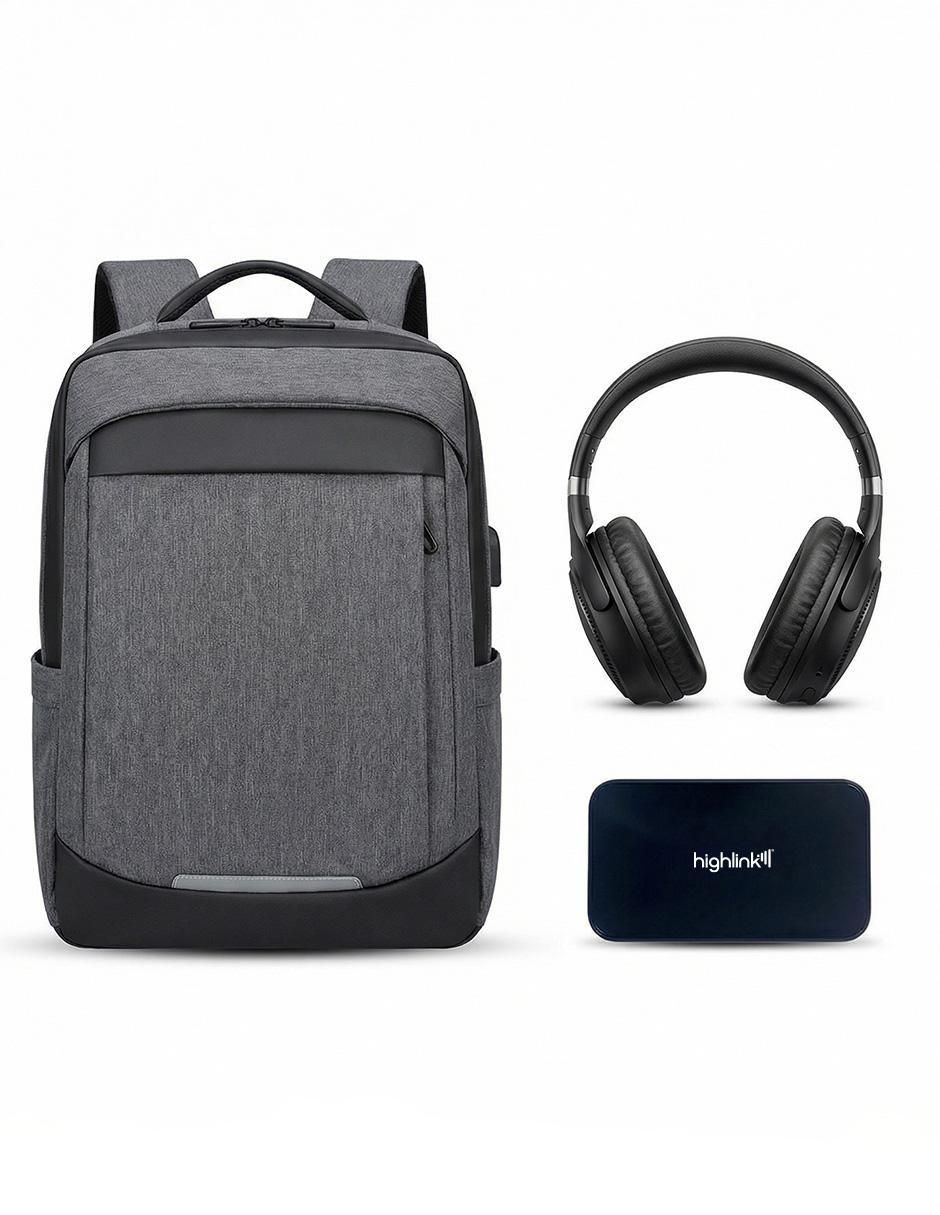 Set de audífonos Linkpro, Backpack y Powerbank inalámbrico con cancelación de ruido