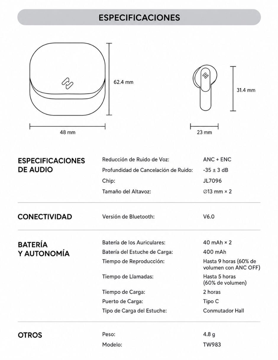 Audífonos in-ear TW983 inalámbricos con cancelación de ruido 3
