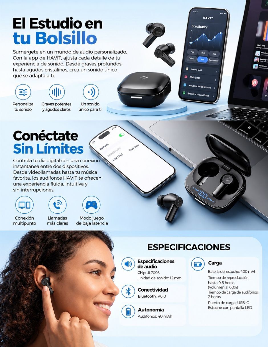 Audífonos In-Ear Audífonos Inalámbricos Havit TW889 Space T2 Bluetooth 6.0 Inalámbrica con (si aplica) Sí 7