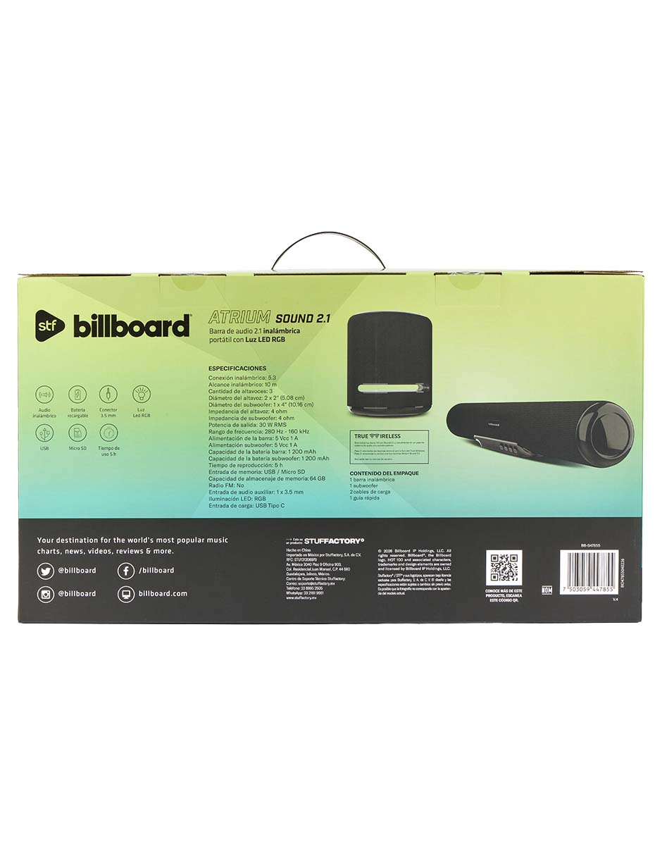 Barra de sonido Atrium Home Audio Portátil con Luz LED RGB con subwoofer 10