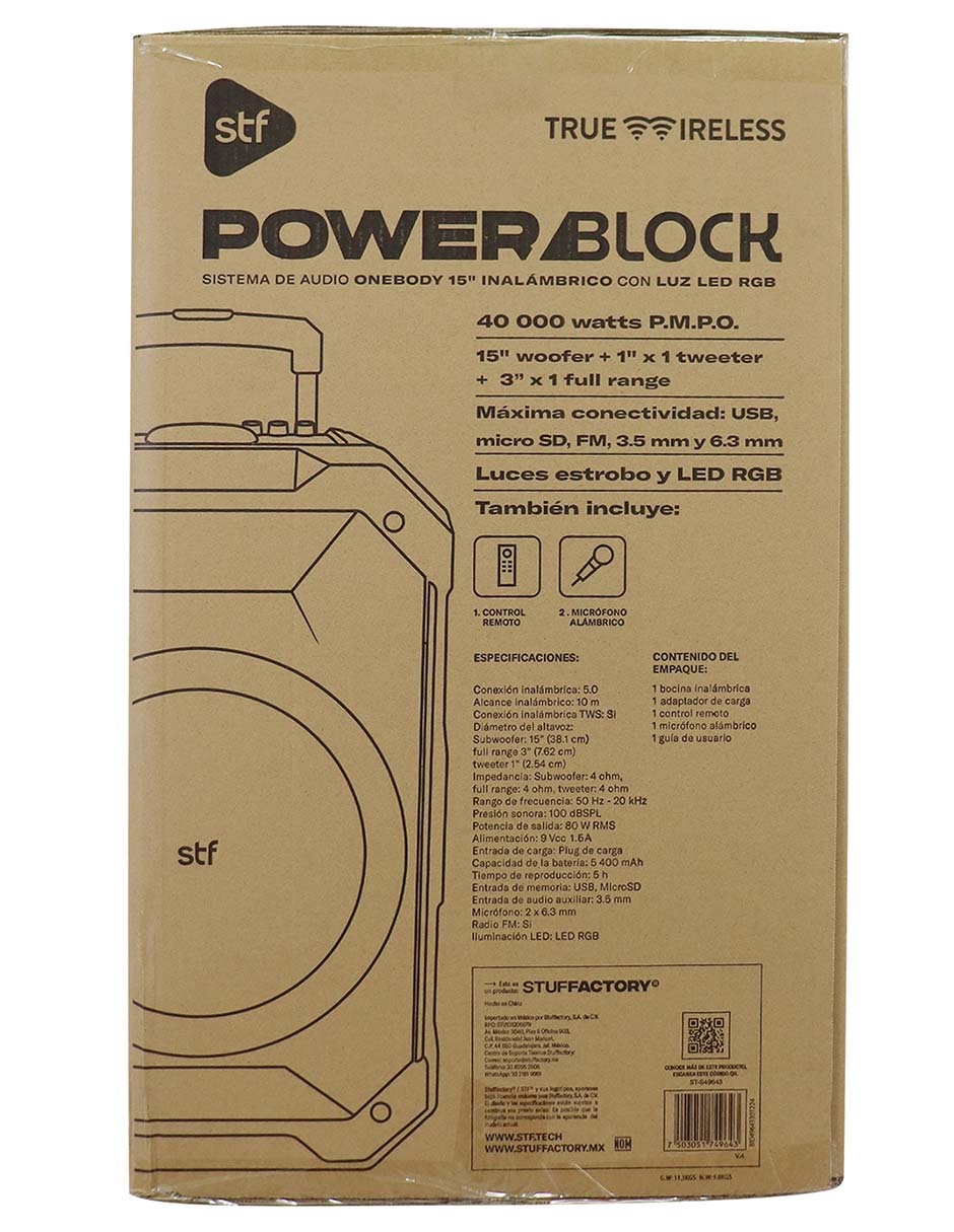 Bocina portátil Power Block Sistema de Audio con Luz Led RGB Alámbrica e inalámbrica 9